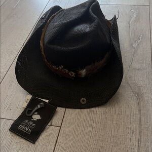 Peter Grimm Cowboy Hat black boone nwt imperfections feather band unglued straw